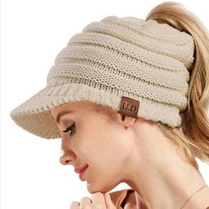 Beige Brimmed BUN Beanie
